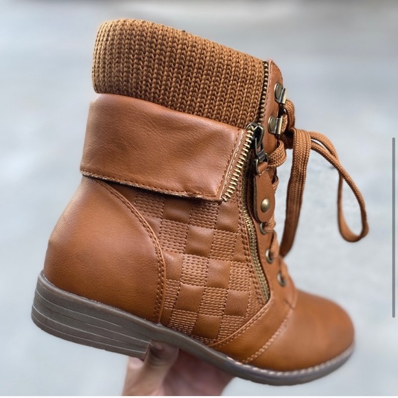 New Brown Vegan Leather Sweater Cuff Tie Up Boots - Picture 2 of 6